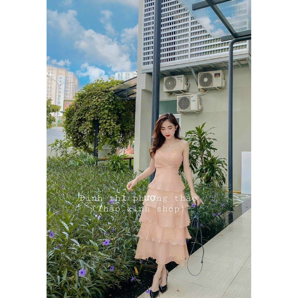 Đầm nữ dự tiệc dạng tầng 2 dây đính ngọc kèm mút ngực chất voan 2 lớp freesize trắng và nude