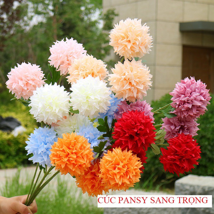 HOA CÚC PANSY giả loại 1 giống thật - 1 Cành 3 Bông Lớn dài 67cm