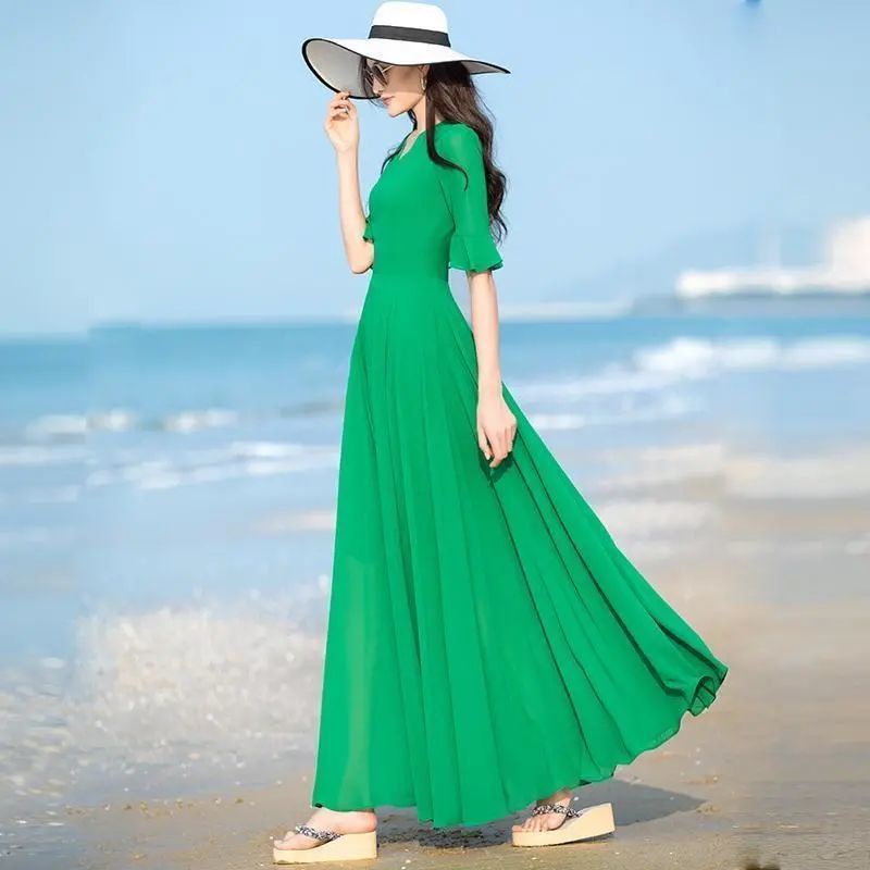 Đầm Voan Hai Lớp Dáng Dài Màu Sắc Trơn Thời Trang Đi Biển Dành Cho Nữ