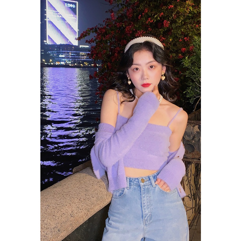Porozi  Set áo hai dây dệt kim và áo cardigan  giả lông chồn dáng rộng màu xanh dương phong cách Hàn Quốc retro cho nữ