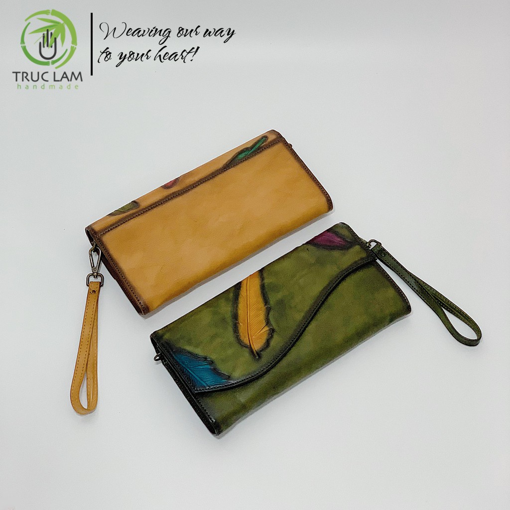 Ví Dài Cầm Tay Thời Trang Nữ Da Thật Cao Cấp Họa Tiết Lông Vũ Size Lớn Kèm Dây Đeo Ánh Kim – Trúc Lâm Handmade