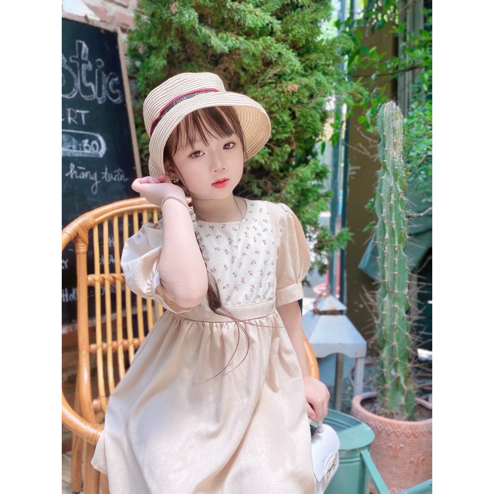 Váy đầm thiết kế vintage cho bé gái từ 8-32kg chất linen bột màu be mềm mịn mát