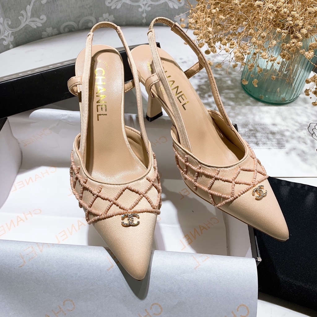 CHANEL Giày cao gót 8cm mũi nhọn đính hạt thời trang Hàn Quốc 2021 cho nữ