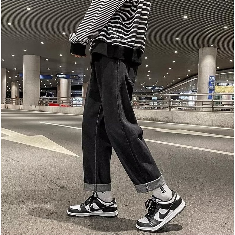 Quần ống rộng nam quần jean trơn unisex kẻ sọc caro phong cách nam hànquốc thời trang năng động jean co giãn