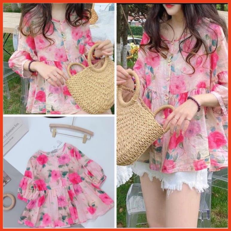 Áo babydoll hoa cúc nữ siêu đáng yêu chất vải đũi lạnh cực đẹp dễ phối đồ freesize đến 60kg