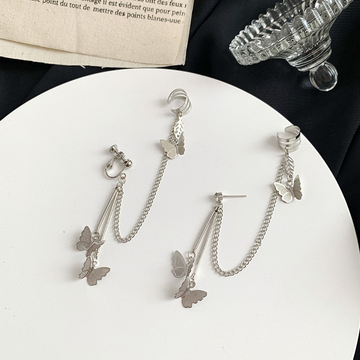 Khuyên tai kẹp vành một bên không bấm lỗ K014 bằng hợp kim mạ bạc hình cánh bướm dáng dài Leous Accessories