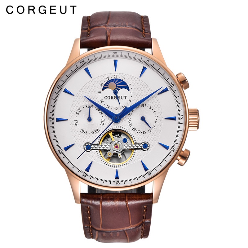 Đồng hồ Nam Corgeut 2008 dành cho quý ông - Đồng hồ cơ tự động thời trang Moon Phase dây da