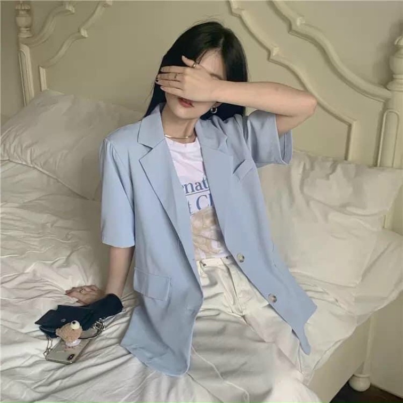 [Ảnh thật/Sẵn]Áo blazer ngắn tay nắp túi màu xanh trời/Áo vest ngắn tay Ulzzang