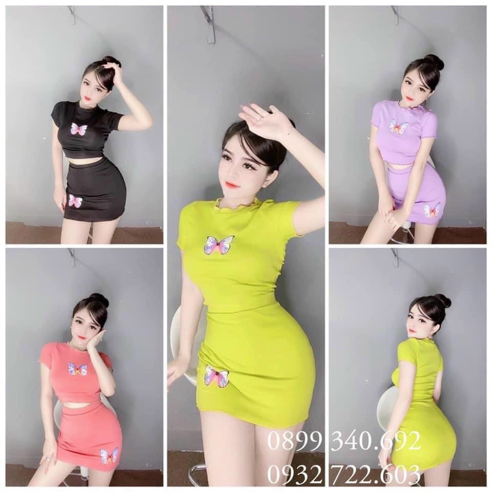 Sét bộ áo croptop phối chân váy ngắn body in hình con bướm cực xinh , chất thun bozip mềm mịn
