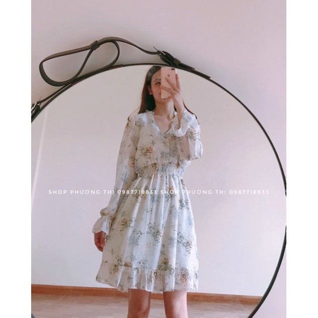 VÁY NỮ_ Váy hoa nhí vintage cổ V nền trắng be hoa xinh JAMOO (hàng sẵn) | BigBuy360 - bigbuy360.vn