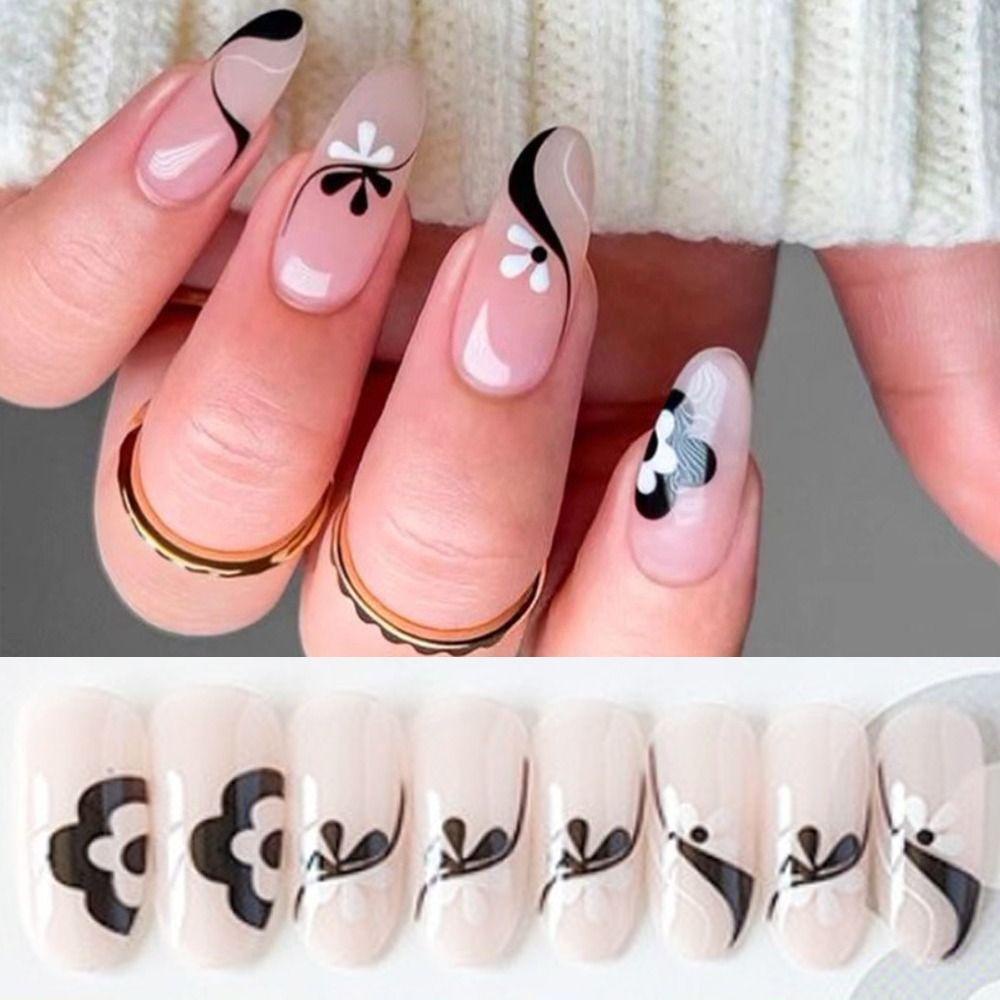 Set 24 Móng Tay Giả Màu Trắng Đen DIY