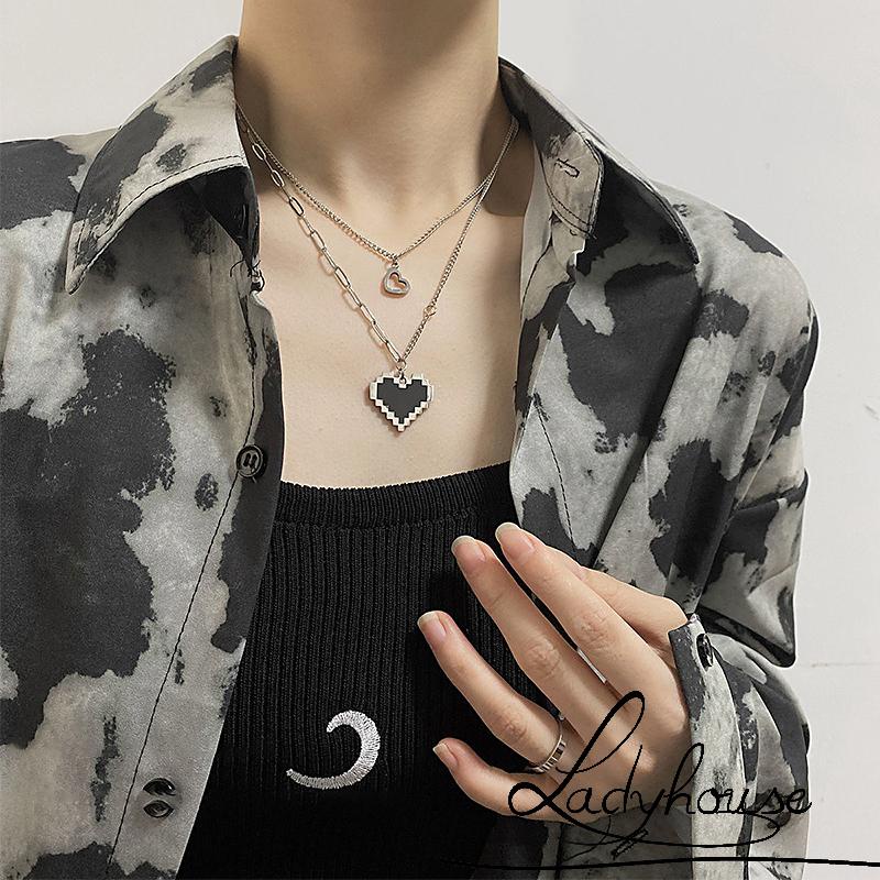 Vòng Cổ Mặt Khảm Hình Trái Tim Màu Đen Phong Cách Hip Hop Hai Lớp Dành Cho Nữ