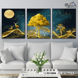 Set 3 bức tranh sơn dầu số hóa tự tô màu DV1086 Tranh hươu vàng cây vàng mang lại may mắn