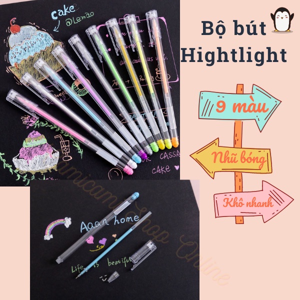 Bút GEL 9 Màu Nhũ Bóng Ngòi 0.5mm Tiện Lợi