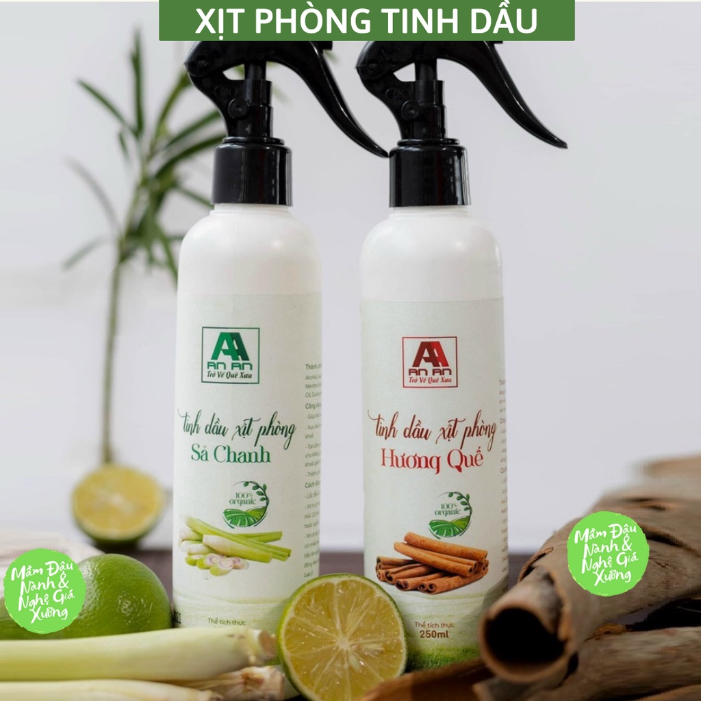 Bình xịt phòng tinh dầu sả chanh, bạc hà, quế, cam, tràm trà, oải hương giúp thơm phòng, định tâm, khử mùi 250ml An An