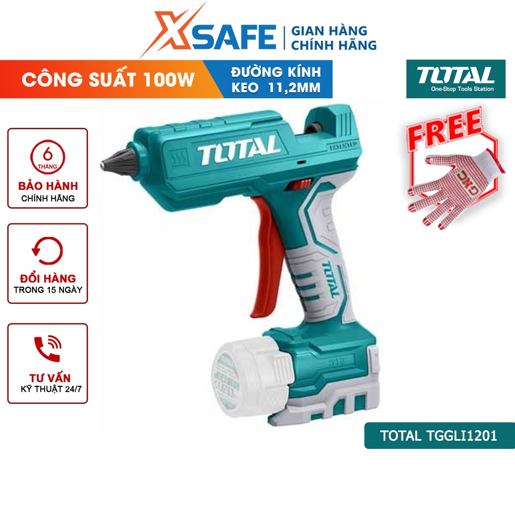 Súng bắn keo dùng pin TOTAL TGGLI1201 Máy bắn keo cầm tay điện áp 12V, công suất 100W, đóng gói trong vỉ nhựa an toàn