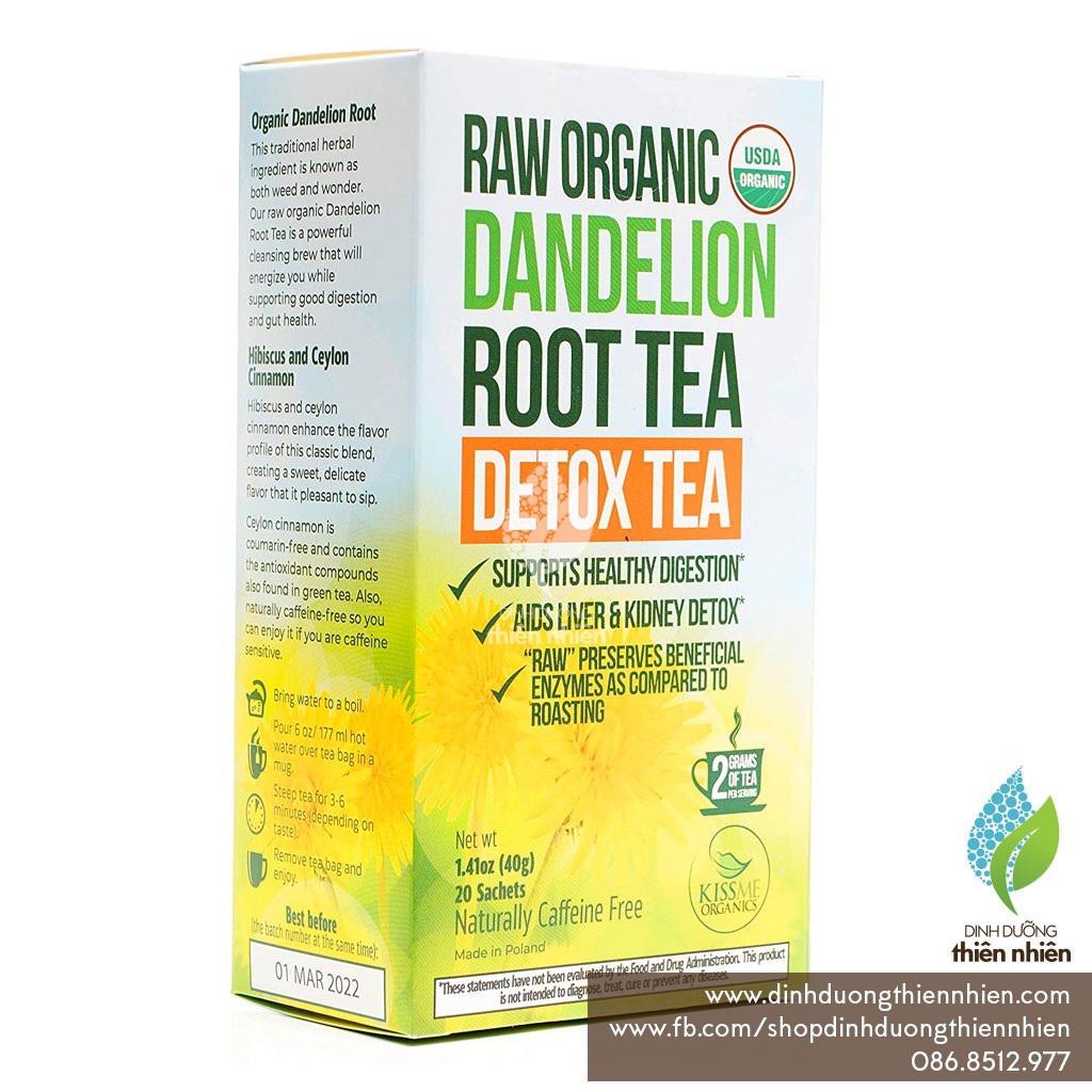 Trà Hữu Cơ Rễ Cây Bồ Công Anh Kiss Me Organic Dandelion Tea, Giúp Giải Độc Gan Thận, 20 gói, 40g