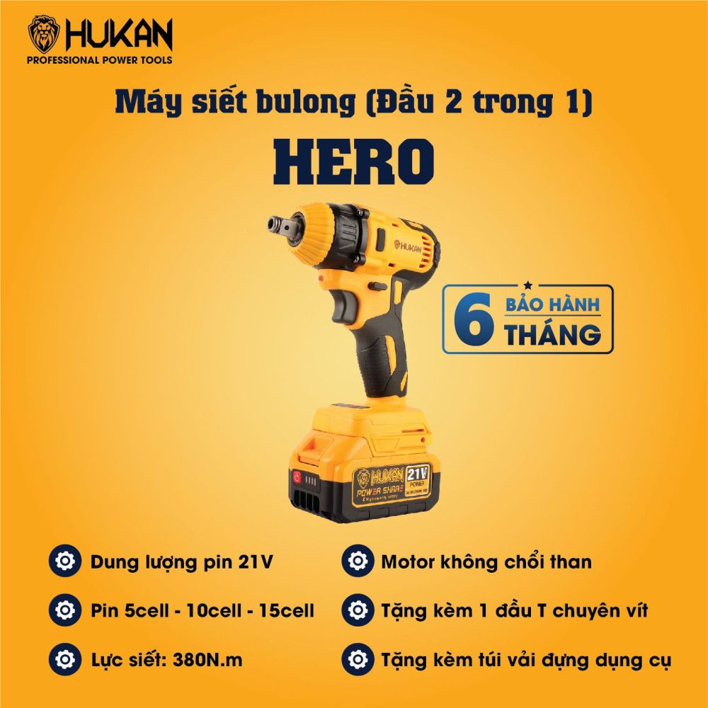 Máy Siết Bulong HUKAN HK-Hero Lực Siết 380Nm, 3 Cấp Tốc Độ, Đầu Khẩu 22cm Kèm 3 Pin