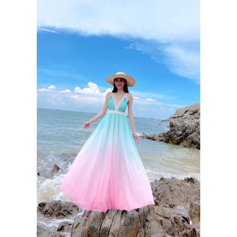 Đầm maxi xanh phối chân váy hồng xòe, viền ren