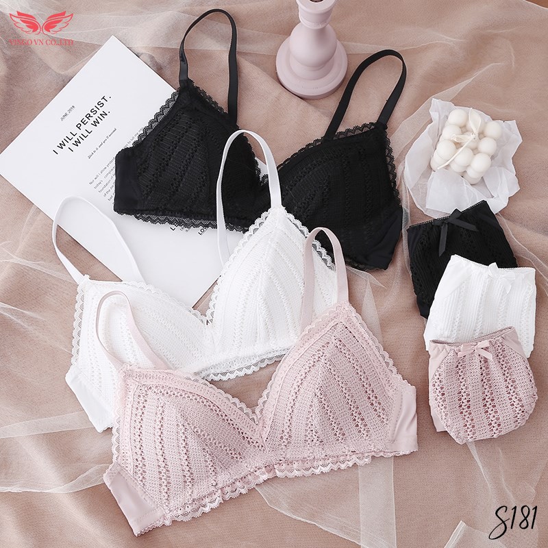 VINGO Bộ Đồ Lót Nữ Ren Đan Lưới Không Gọng Đệm Vừa Sexy S181 VNGO