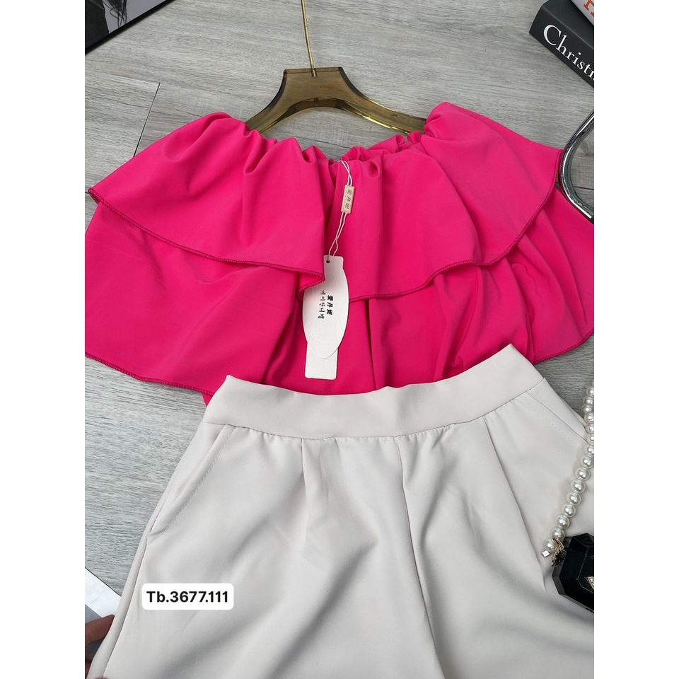 Set bánh bèo hồng trễ vai mix quần short cá tính, áo 2 tầng kèm quần short trắng, mua 1 được 2