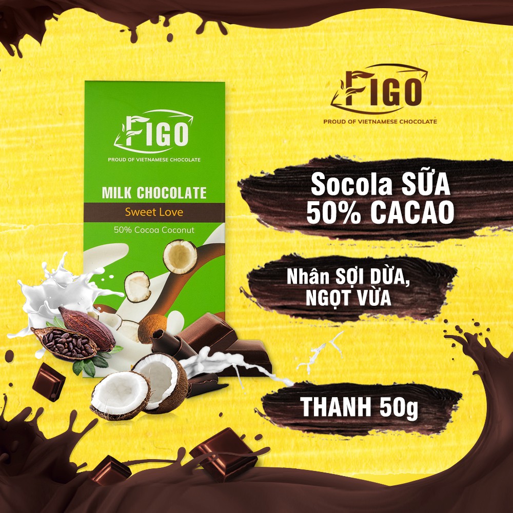 [ĂN LÀ NGHIỆN] Kẹo Socola sữa gây nghiện vị dừa, hạt điều, hạt cacao 50% cacao 50g Figo - Vị ngọt vừa dễ ăn