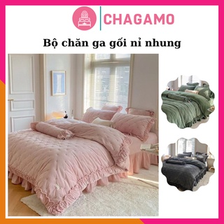 BỘ CHĂN GA GỐI NỈ NHUNG CAO CẤP GA PHỦ SET 5 MÓN PHONG CÁCH HÀN QUỐC