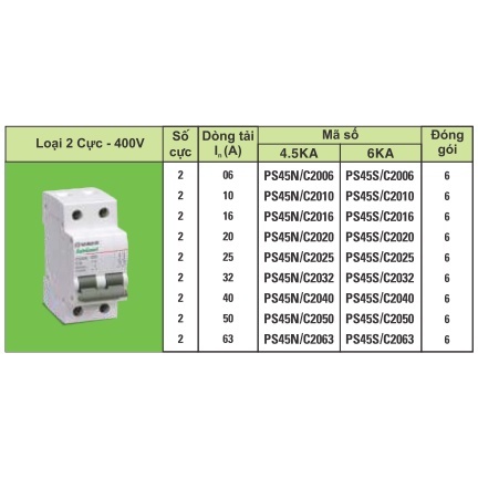 Cầu Dao Tự Động SINO MCB 2P  4.5kA PS45N