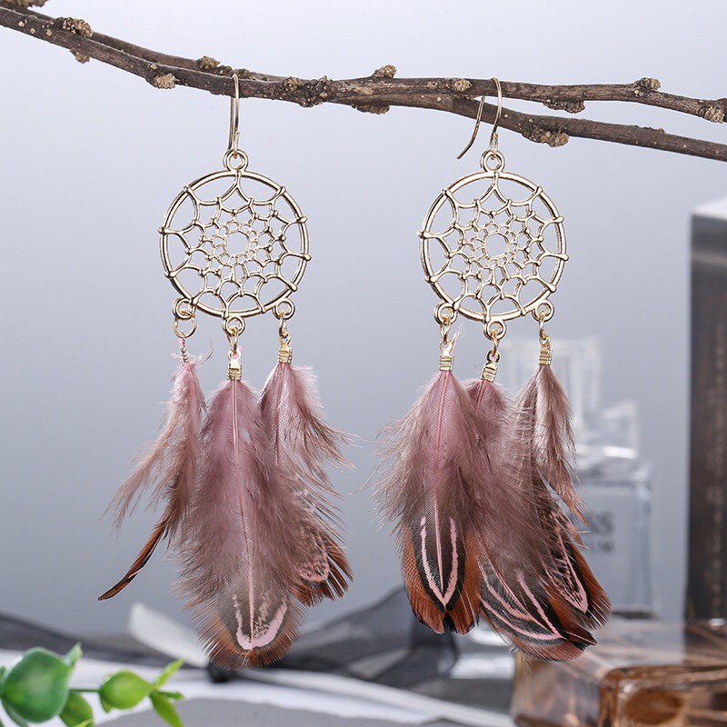 Khuyên tai lông vũ bông tai boho phong cách dân tộc - Mã HT051