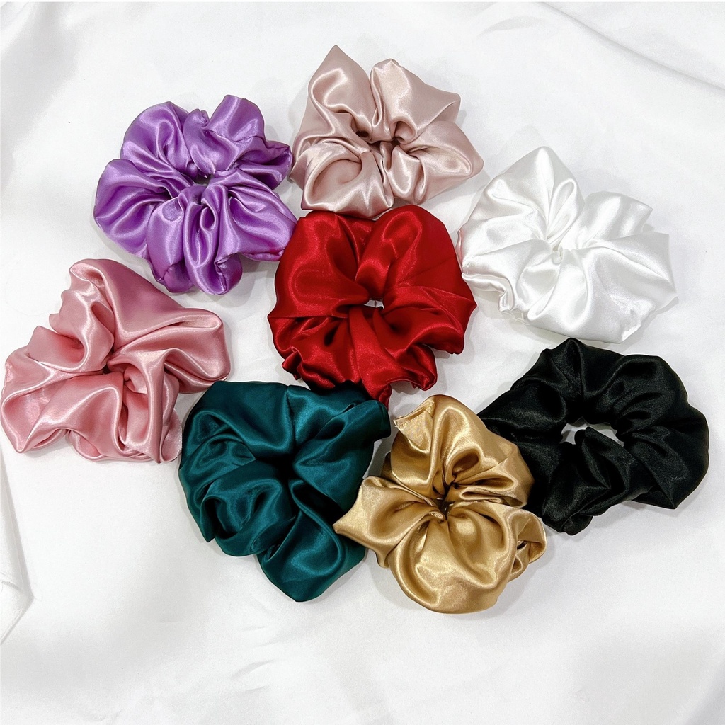 Buộc tóc scrunchies phi bóng sang chảnh, dây cột tóc nhiều màu