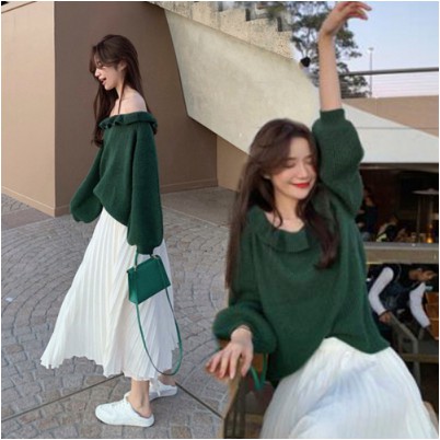 Hàng Sẵn Sàng Chụp Thật♥Bộ Áo Sweater Dệt Kim + Chân Váy Xếp Ly Màu Xanh Lá Đậm Thời Trang Thu Đông Mới Cho Nữ