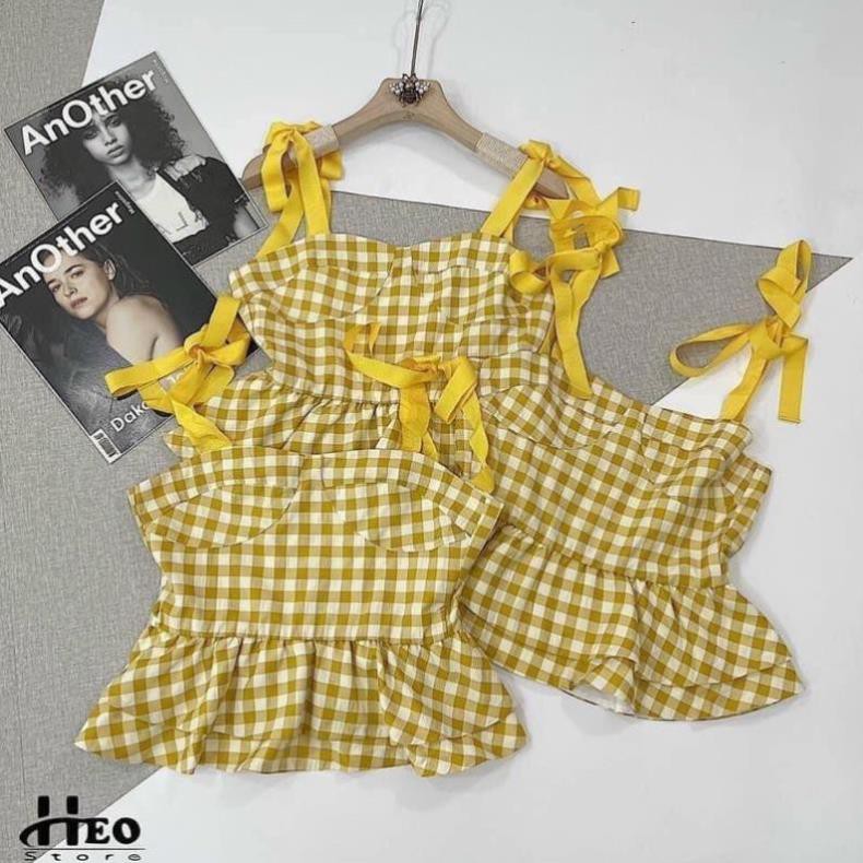 [HÀNG CHUẨN LOẠI I] Áo 2 Dây Kẻ Vàng Buộc Nơ Dáng Peplum Có Ảnh Thật