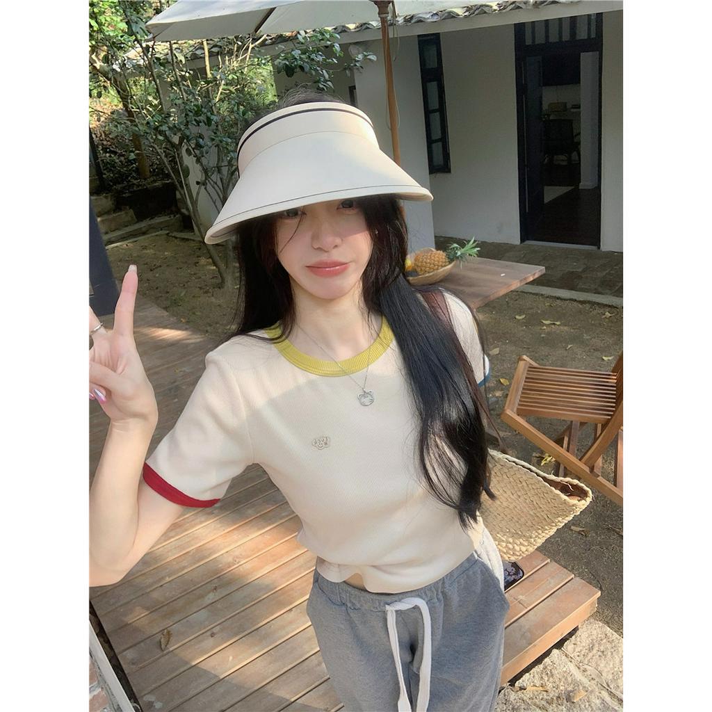 ZHELIHANGFEI Áo Thun Cotton Tay Ngắn Hở Vai Màu Sắc Tương Phản Thời Trang Dành Cho Nữ