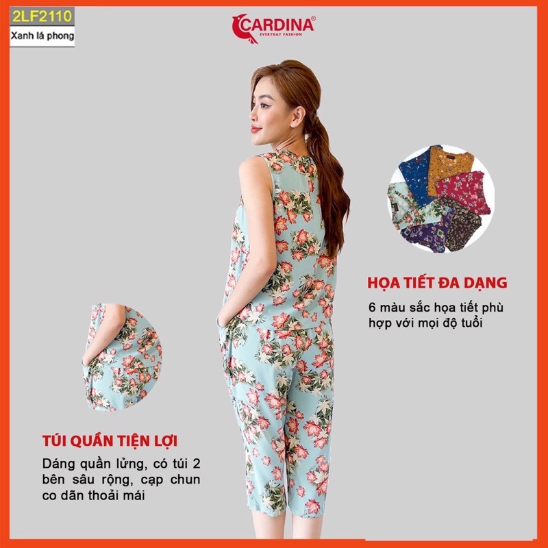 Đồ bộ nữ CARDINA chất lanh tre Nhật cao cấp quần lửng áo sát nách cổ tròn họa tiết tinh tế