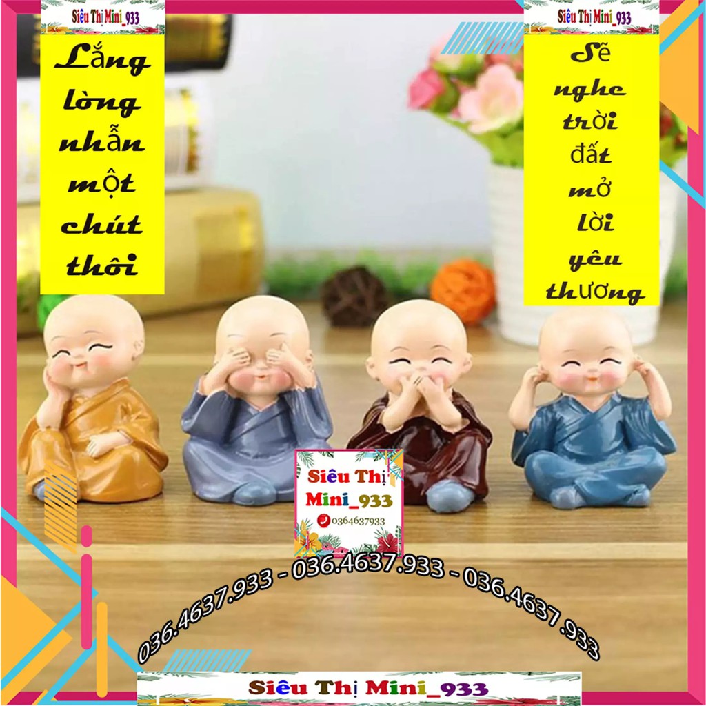 Bộ tượng 4 chú tiểu Tứ Không mini tượng trang trí cute để bàn, làm tiểu cảnh hòn non bộ trưng phòng khách để táp lô