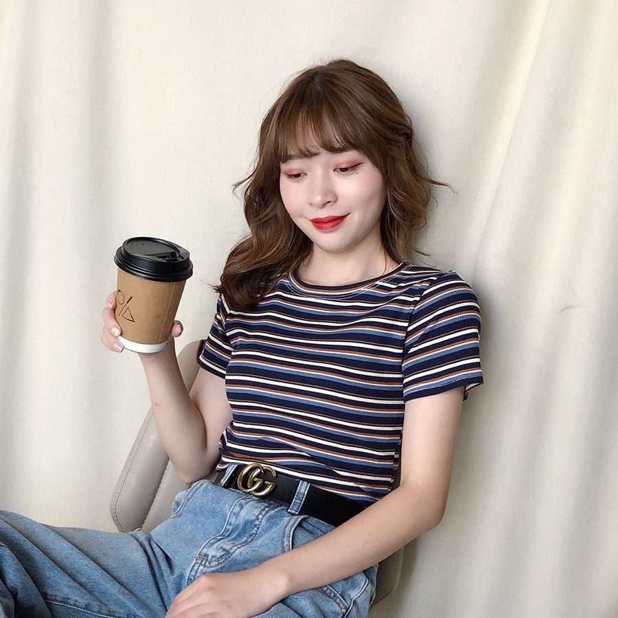 Áo Thun Nữ Tay Ngắn Chất Liệu 95% Cotton Họa Tiết Kẻ Sọc Thời Trang Mới