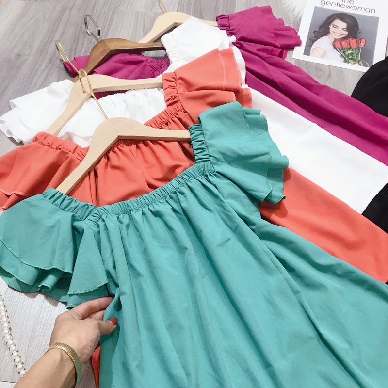 Set áo trễ vai cánh tiên bèo tầng mix quần sooc đùi chất thô lụa bệt vai