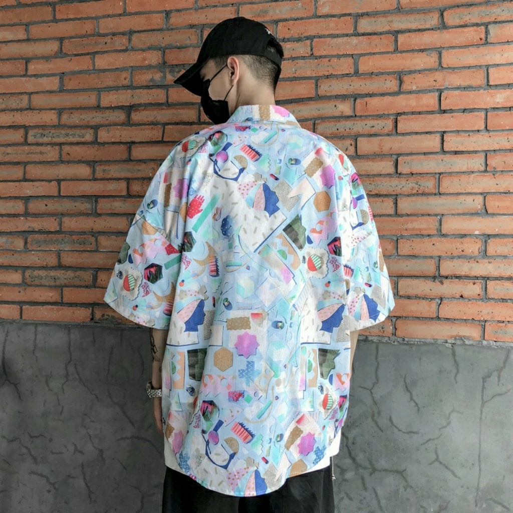 Áo sơ mi tay lỡ nam nữ form rộng Họa Tiết KHối Unisex