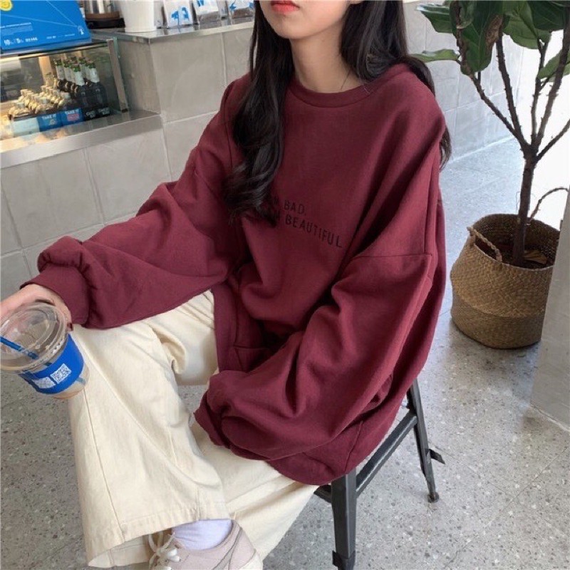 Áo sweater dài tay phong cách ulzzang 2 màu đen, đỏ đô