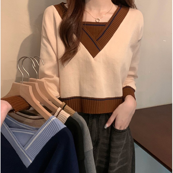 Áo len nữ croptop cổ V, tim màu be, đen, áo len kiểu nữ vintage 2021
