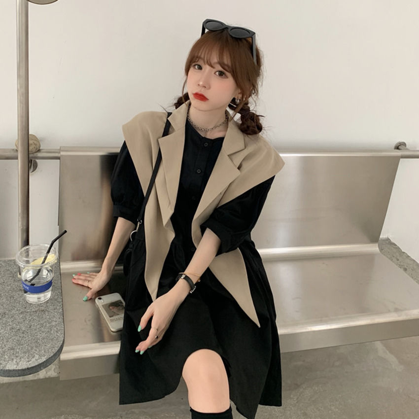 Đầm Búp Bê Một Mảnh Tay Lửng Dáng Rộng Cài Khuy + Áo Sơ Mi Dài Vừa Phải + Khăn Choàng Thời Trang Cho Nữ