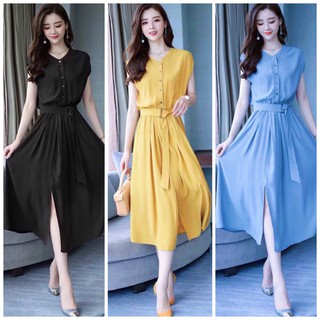 Đầm váy freesize suông xẻ tà kèm belt 4 màu