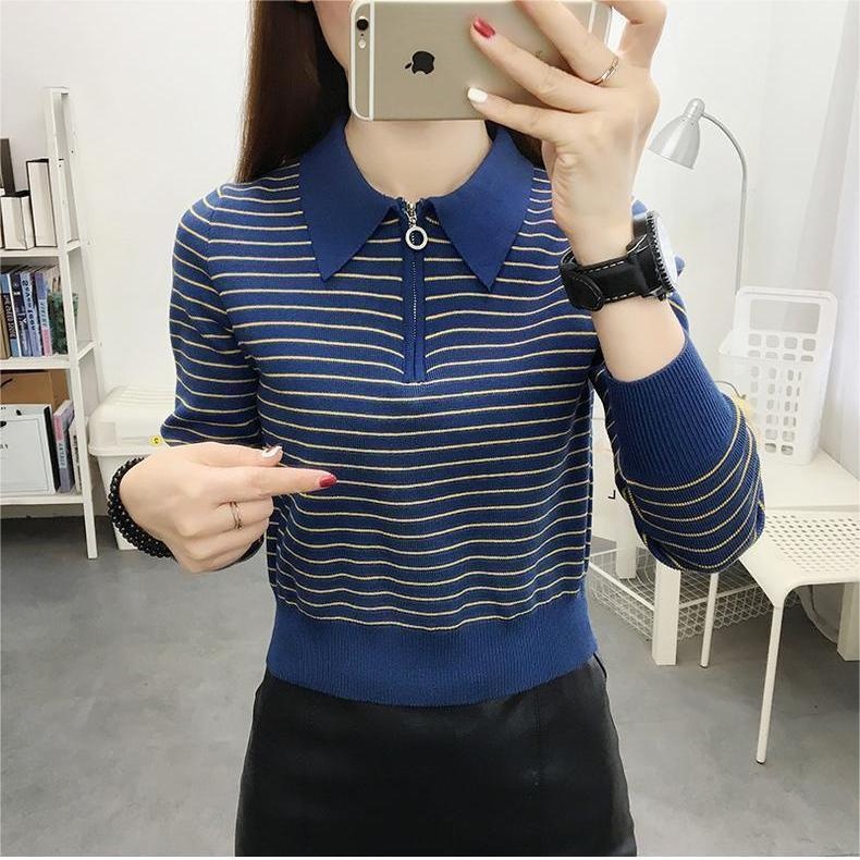 【ZHELIHANGFEI】Áo POLO Dệt Kim Tay Dài Lưng Cao Họa Tiết Kẻ Sọc Dễ Phối Đồ