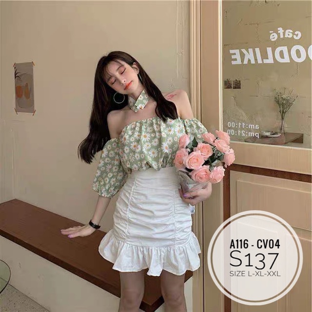 Bigsize Set hoa cúc trễ vai S137