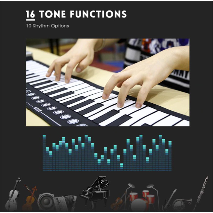 Đàn Piano Điện Tử Cuộn Dẻo 49 Phím - Chất Liệu Silicon - Chống Nước - Sử Dụng Nguồn Hoặc Pin Tiện Dụng - Bảo Hành 6T