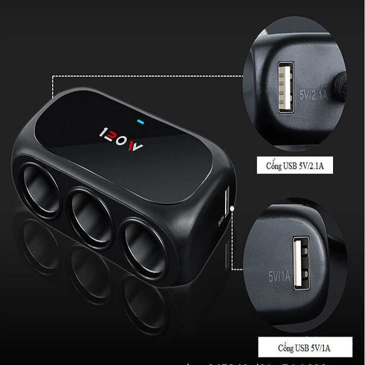 Bộ chia 3 tẩu sạc cho ô tô Công Suất 120W