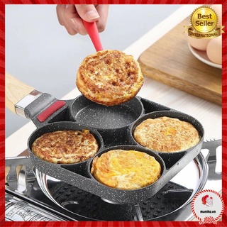 Chảo chiên trứng 4 ngăn - chảo làm bánh 4 lỗ chống dính- chống dính tay cầm gỗ