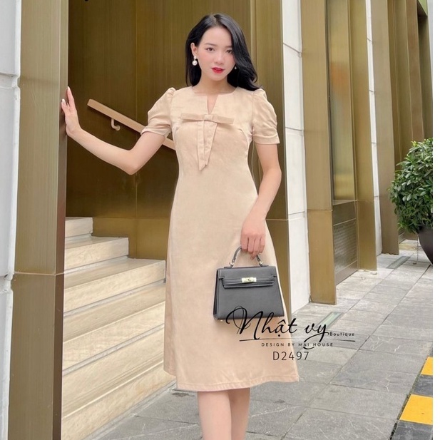 Đầm váy bầu MAIHOUSE form dáng suông có eo cổ V cách điệu đính nơ liền chất thun phù hợp đi chơi cafe sang chảnh - D2497