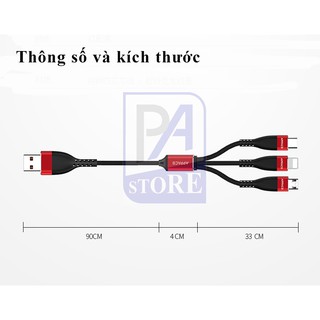 Cáp Sạc 3 Đầu Chính Hãng APPACS - Iphone Lightning, Micro USB, USB Type C