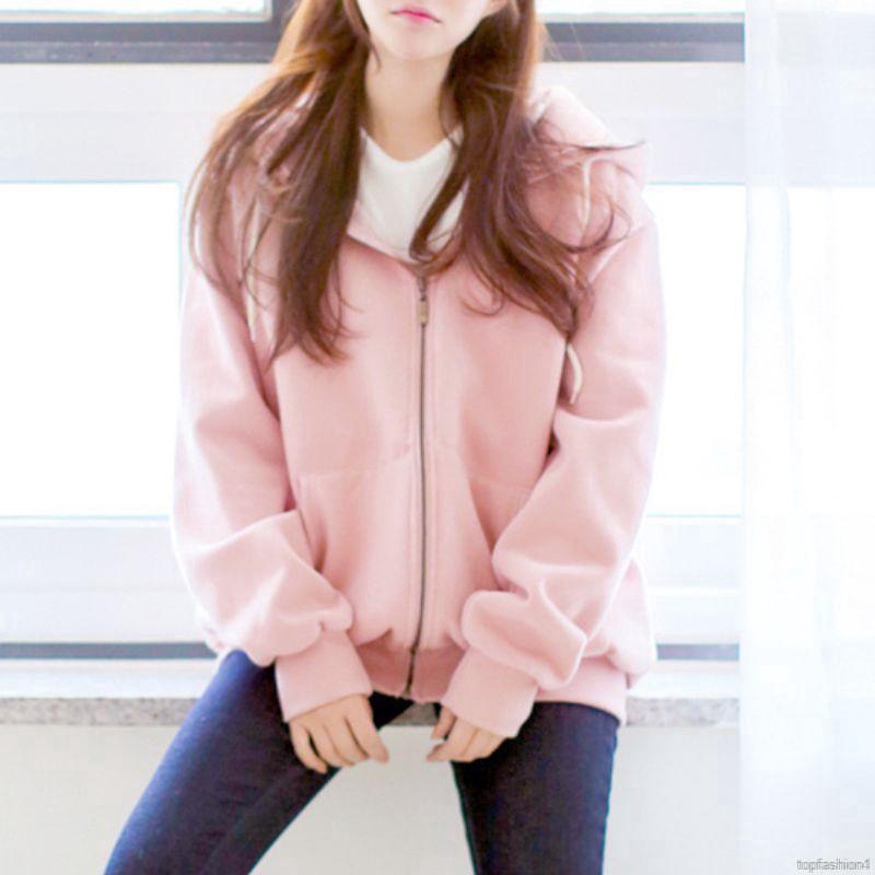 Áo khoác hoodie nhung dáng rộng màu trơn phối khoá kéo | BigBuy360 - bigbuy360.vn